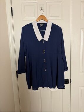 Vintage Women's Navy Long-Sleeve Dress with White Peter Pan Collar